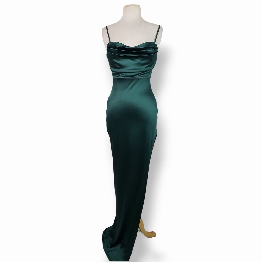 Windsor Lola High Slit Satin Formal Evening Gown Emerald Hunter Green Medium - Picture 2 of 10